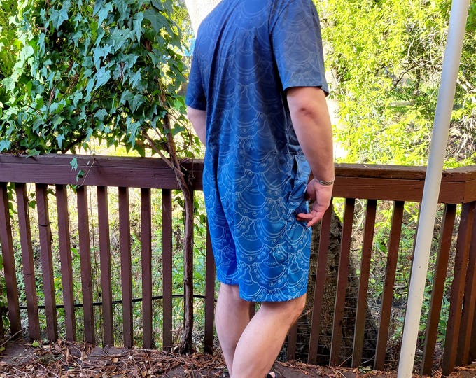 Blue Merman Jumpsuit, Blue, Indigo, Ombre, Unisex, Shorty Jumpsuit, Button-Up, Mens Jumpsuit, Nautical, Hand Drawn Original Art, Caballera
