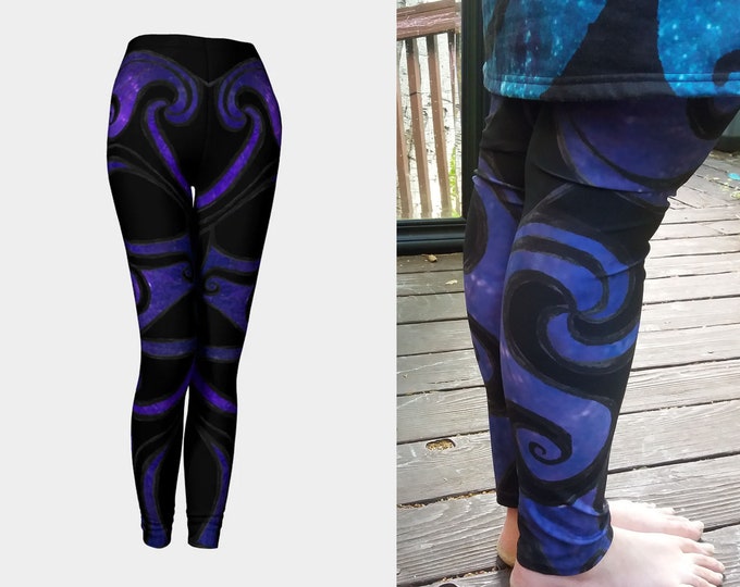 Purple Galaxy III Mermaid Armor, Celtic, Spiral, Swirl, Purple, Black, Leggings, Yoga Pants, Steampunk, Festival, Original Art, Hand Drawn