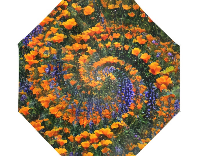 California Poppy & Lupin,Original Art,TieDye Garden,Anti-UV,UV Protection,Festival, Beach,Umbrella,Parasol, Art,Orange, Flowers,Swirl,TieDye