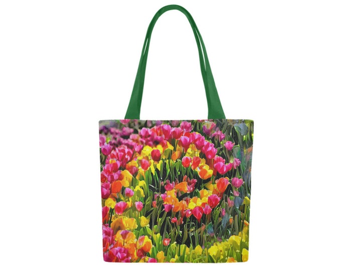 Rainbow Tulips, TieDye Garden, Original Art, Wildflowers, Flowers, Floral,TieDye,Dream,Tote Bag,Book Bag,Canvas, Bag,Designer Tote,Caballera
