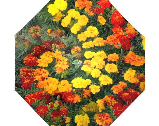 Marigold,Original Art Umbrella,TieDye Garden,Anti-UV,UV Protection,Festival, Beach,Umbrella,Parasol, Art,Orange,Yellow, Flowers,Swirl,TieDye