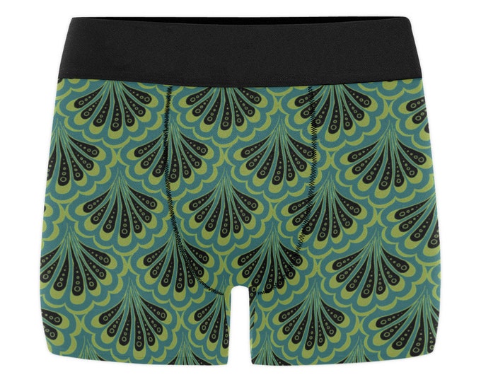 Original Fish Scale Art,Briefs, Teal Green & Black, Shorts, Boyshorts, Underwear, Merman, Mermaid Print,Hand Drawn, Original Art,Made in USA