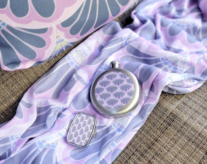 4-Piece Accessory Set, Pink Mermaid Scale Paisley, with Bag, Scarf, Flask, and Medicine Box