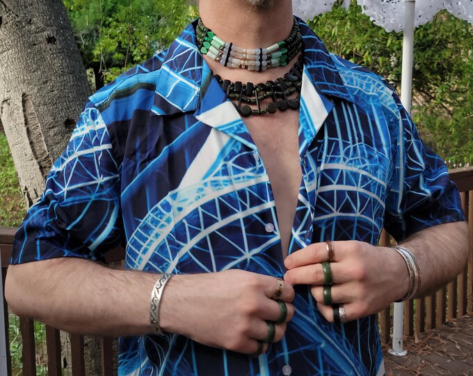 Rollercoaster Dream Blueprint 2, Button-Up Shirt, Blue, White, Architect, Hawaiian Shirt, Short Sleeve,Indigo, 2XL,3XL,4XL,5XL, Original Art
