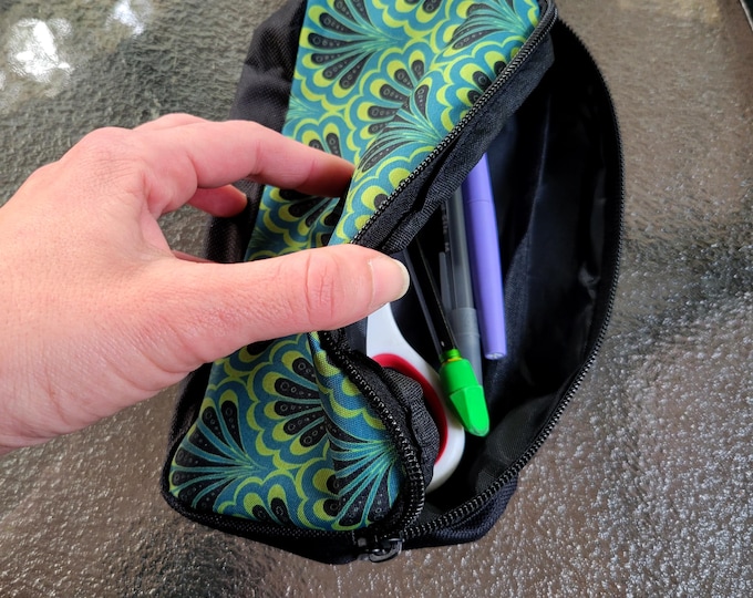 Mermaid Paisley, Pencil Case, Scallop Maille, Green, Black, Tough Case, Accessory Case, Makeup Case, Original Art, Hand Drawn Ink, Caballera
