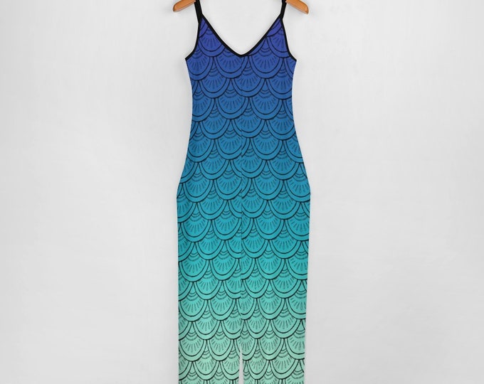 Original Mermaid Scales Jumpsuit, Aqua, Ombre, Pockets, Adjustable Straps, Summer, Onesie, One Piece,Tank, Romper, Hand Drawn Art, Caballera