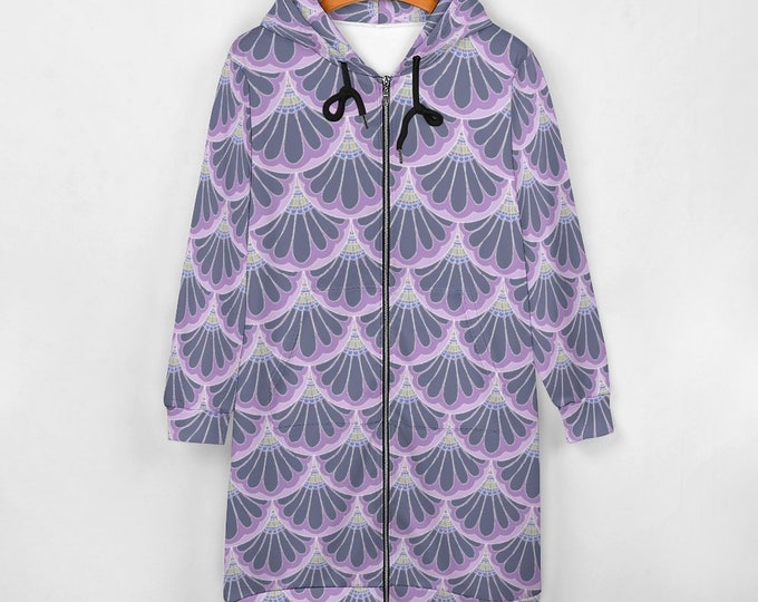 Original Paisley Hoodie Dress, Petal Maille, Silver, Lavendar, Purple, Pink, Hand Drawn Paisley, Sweatshirt Dress, Zipper, Pocket, Caballera