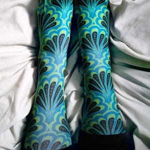 Mermaid Paisley Socks, Scallop Maille, Green, Socks, Mermaid Socks, Hand Drawn, Mermaid Print, Fish Scales, Paisley, Original Art, Caballera