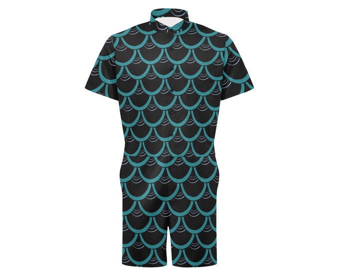 Original Art, Fish Scale Jumpsuit, Ocean Drop, Teal, Purple, Black, Unisex, Shorty Jumpsuit, Button-Up, Mens Jumpsuit, Nautical, Caballera