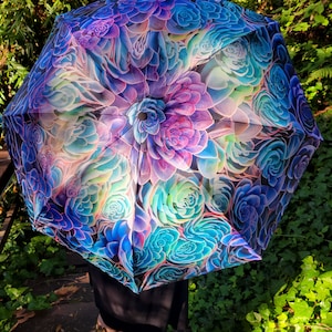 Suculentas, Guarda-chuva de arte original, Jardim TieDye, Anti-UV, Proteção UV, Festival, Praia, Guarda-chuva, Guarda-sol, Arte, Roxo, Azul, Flores, Redemoinho, TieDye