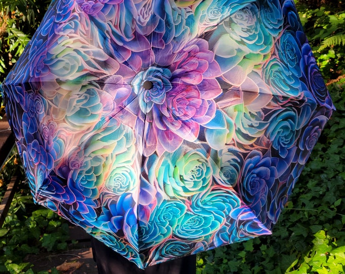 Succulents,Original Art Umbrella,TieDye Garden,Anti-UV,UV Protection,Festival, Beach,Umbrella,Parasol, Art,Purple,Blue, Flowers,Swirl,TieDye