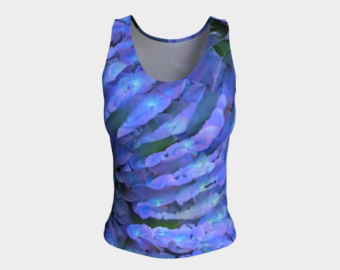 Blue Hydrangea, Night Blooming Garden,Tank Top,Flowers,Floral,Flower Top,Purple,Blue,Green,Long Tank,Boho,Rave,Trippy,Original Art,Caballera