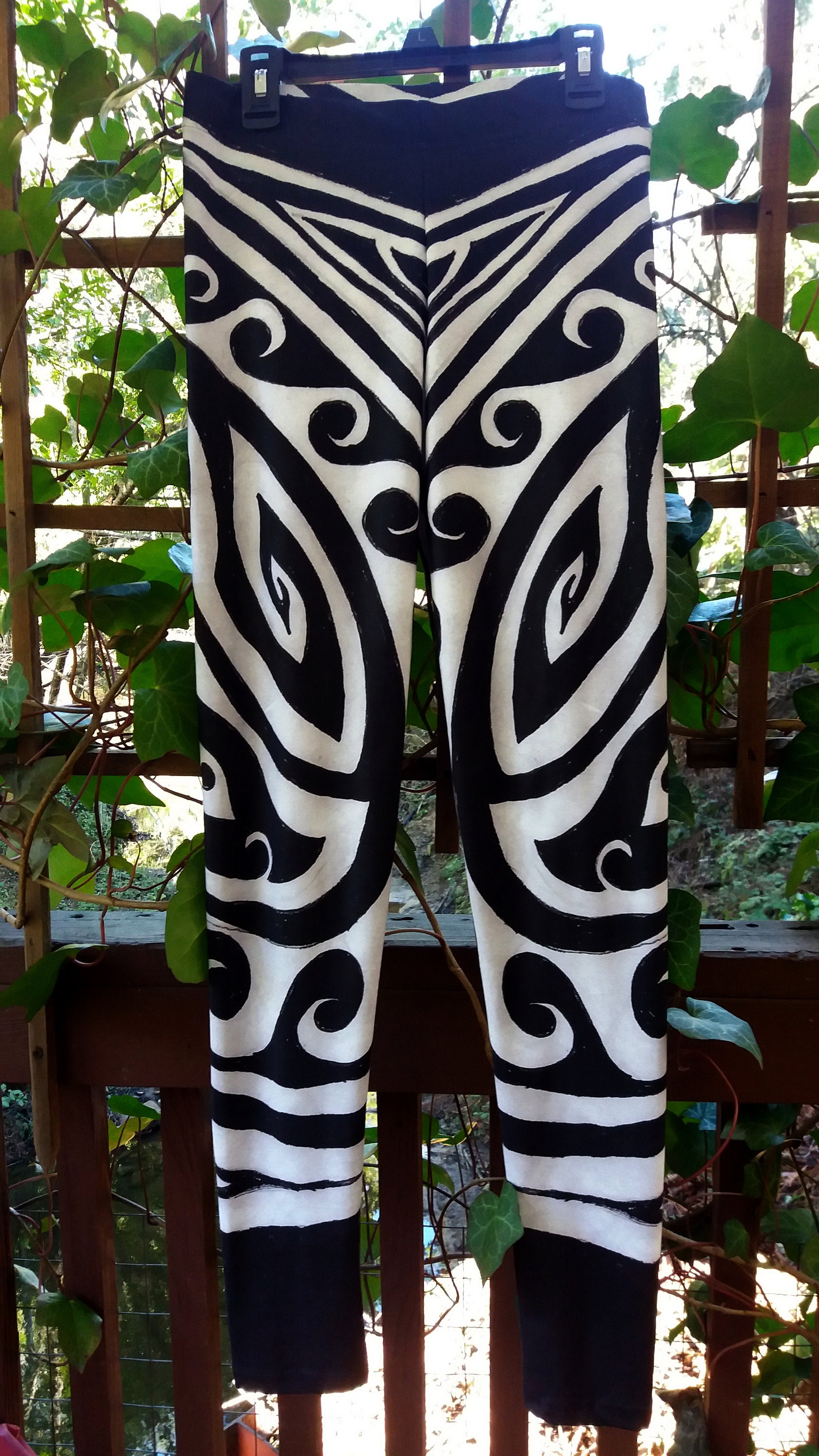 Shark Away!, Black and White Stripe Leggings, Greek, Polynesian, Spiral