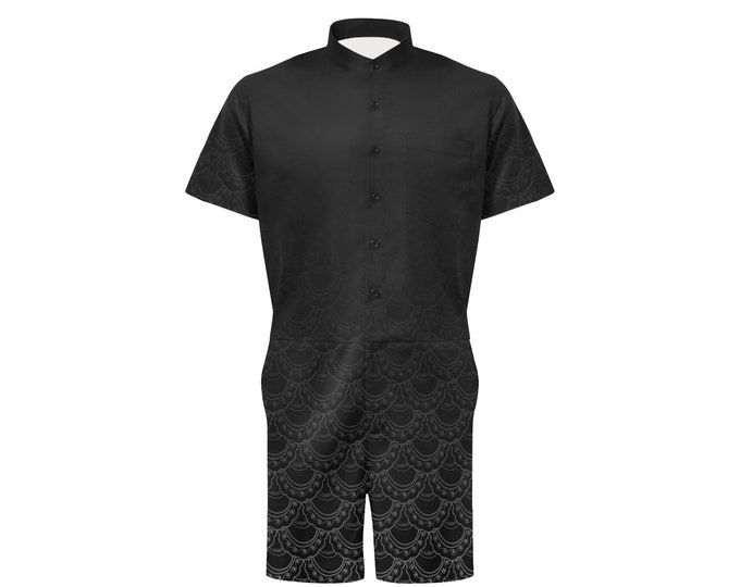 Original Art, Fish Scale Jumpsuit, Black & White Ombre, Unisex, Shorty Jumpsuit, Button-Up, Mens Jumpsuit, Nautical, Laura Cesari, Caballera