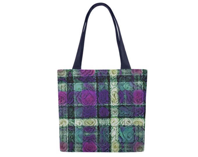 Purple Cabbage, Plaid Garden, Original Art,Purple, Green, Flowers, Floral,TieDye,Plaid,Tote Bag, Book Bag,Canvas,Bag,Designer Tote,Caballera