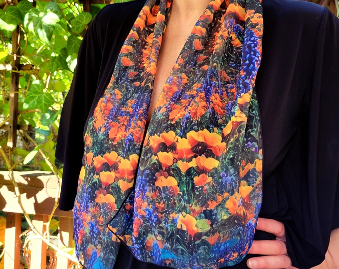 California Poppy & Lupin,Night Blooming Garden,Original Art,Scarf,Swirl, Spiral,Floral,TieDye,Silk,Summer, Spring,Flowers,Festival,Caballera