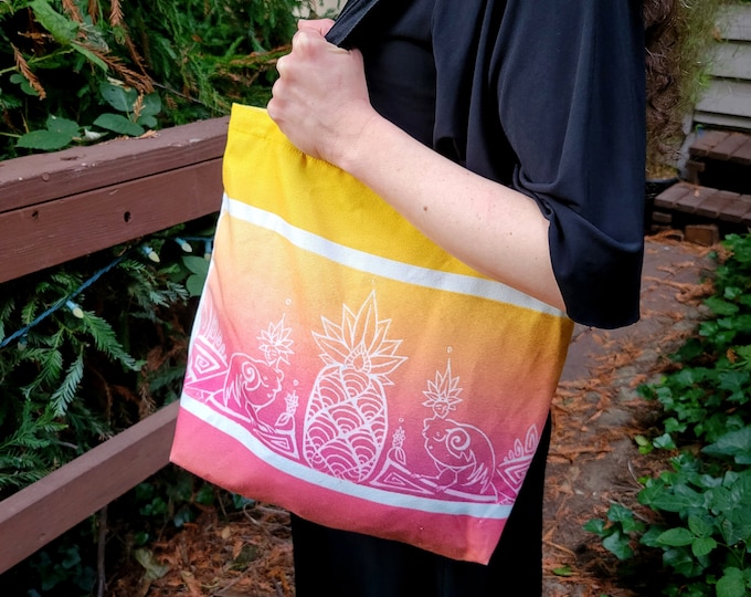Sirens and Pineapple, Book Bag, Pink, Gold, Tropical, Mythical, Goddess, Canvas, Tote, Cotton Bag, Ombre, Fabulous Wallflowers, Laura Cesari