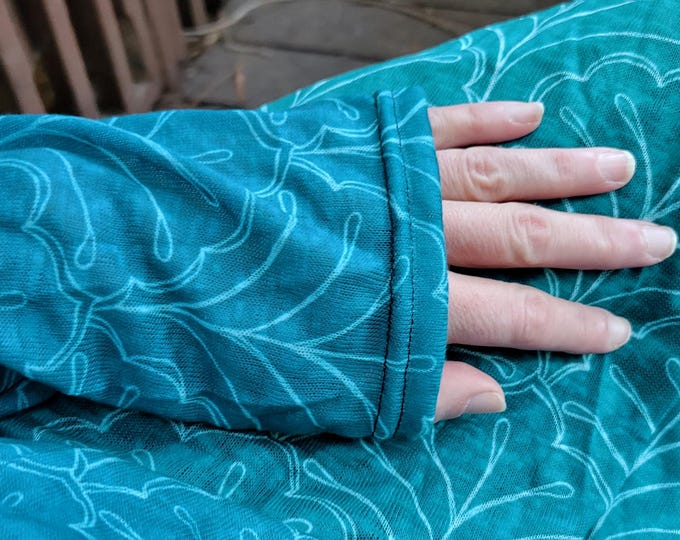 Teal Leaves, Hand Drawn Leaf Pattern, Cardigan Sweater, Teal Blue, Deep Blue, Light Long Fall Sweater, Original Art, Woodland, Forest
