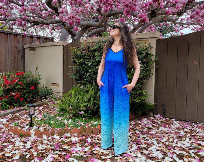 Mermaid Jumpsuit, Indigo Ombre, Pocket, Adjustable Straps, Original Mermaid Scales, Ocean Drop, Onesie, One Piece, Tank, Romper, Hand Drawn