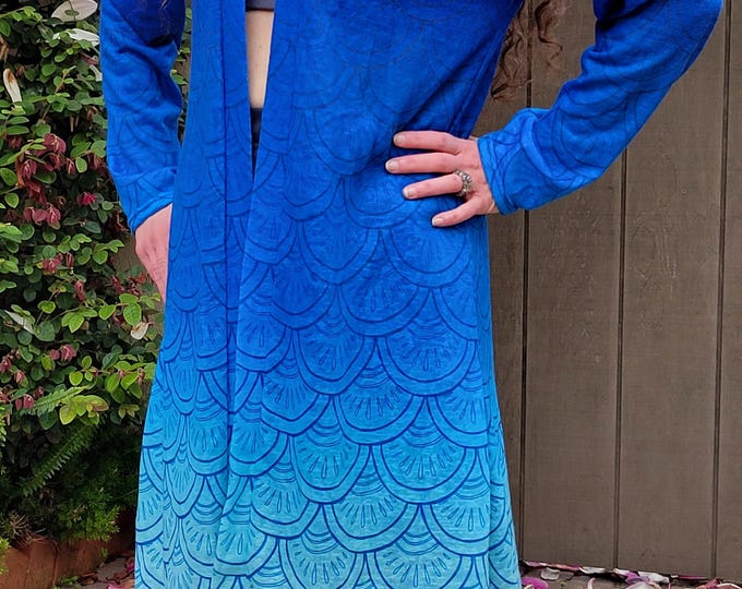 Mermaid Cardigan, Indigo Ombre, Hand Drawn Art, Paisley, Ocean Drop, Sweater, Teal, Blue, Long Sweater, Lightweight Sweater, Original Art