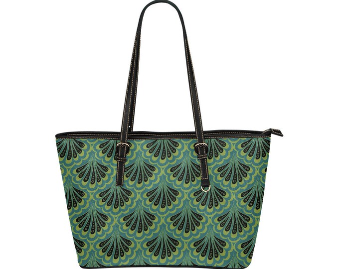 Scallop Maille,Green Mermaid Print,Faux Leather Purse,Vegan,Tote Bag,Original Art,Green,Black,Mermaid Scale,Paisley,Laura Cesari,Caballera