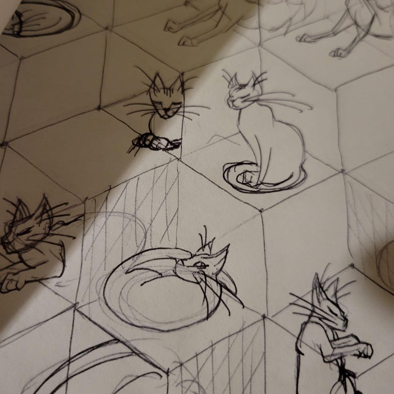 Puede incluir: Un boceto en tinta negra de gatos en varias poses sobre un fondo blanco. Los gatos est&aacute;n dispuestos en un patr&oacute;n geom&eacute;trico, cada uno parece estar dentro de un cubo. El estilo de dibujo es simple, con l&iacute;neas de l&aacute;piz visibles.