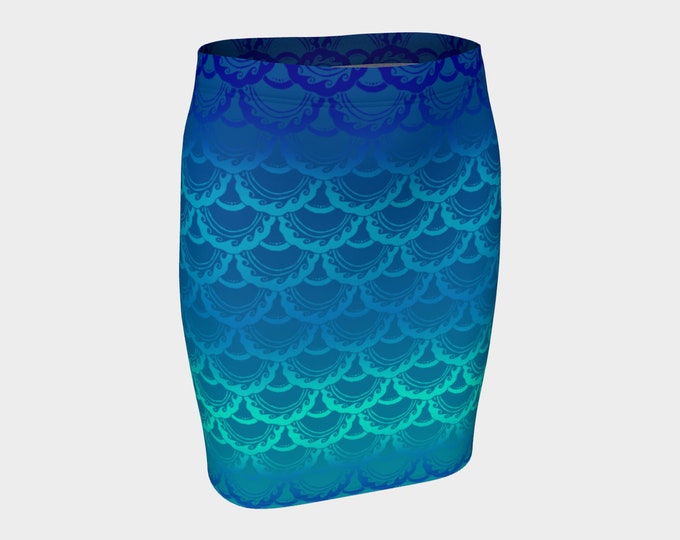 Hand Drawn Mermaid Scale Skirt, Blue, Ombre, Mermaid, Mermaid Scale,Swirly,Mini Skirt,Short Skirt,Skirt, Fish Scale, Hand Drawn,Original Art