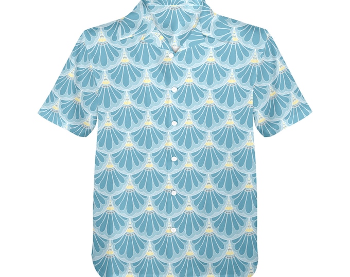 Skyblue Merman Shirt, Petal Maille, Blue,Gray, Hand Drawn,Fish Scales, Merman, Button-Up Shirt, Hawaiian,Nautical, Made in USA, Original Art