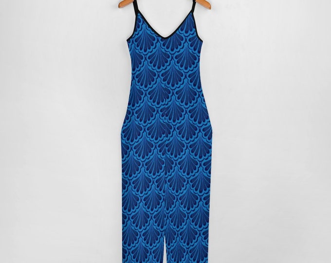 Blue Mermaid Jumpsuit, Adjustable Straps, Summer, Onesie, One Piece, Tank, Original Art, Hand Drawn Mermaid Scales, Laura Cesari, Caballera