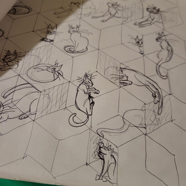 Puede incluir: Un boceto en tinta negra de m&uacute;ltiples gatos en varias poses, sobre un fondo blanco. Los gatos est&aacute;n dispuestos en un patr&oacute;n geom&eacute;trico, cada uno aparentemente ocupando un cubo separado. El estilo es simple, con l&iacute;neas limpias.