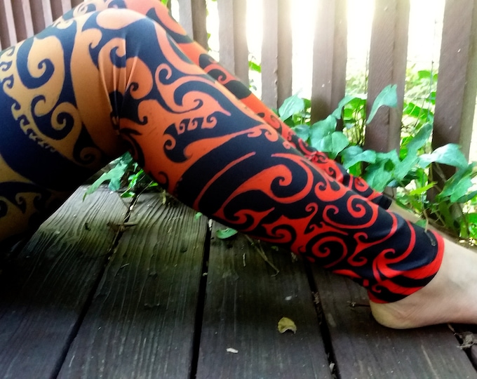 Autumnal Ombre Swirl II, Celtic Spiral Ombre Leggings, Rave, Festival, Workout, Dance, Athletic, Matching Top, Red, Orange, Flame, Symmetry