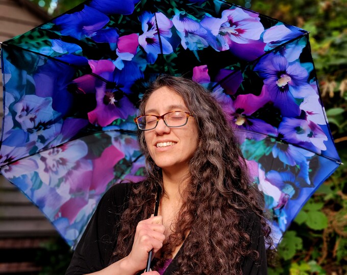 Rose of Sharon,Original Art Umbrella,TieDye Garden,Anti-UV,UV Protection,Festival,Beach,Umbrella,Parasol, Purple,Green, Flowers,Swirl,TieDye