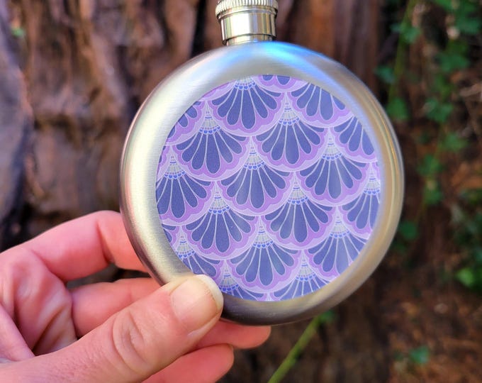 Stainless Steel Flask, Hand Drawn Art, Mermaid Paisley Petal Maille, in Pink