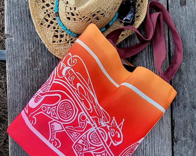Cat Lady Godiva, Book Bag, Red, Orange, Mythical, Goddess, Canvas, Tote, Ombre, Fabulous Wallflowers, Hand Drawn,Original Art, Laura Cesari