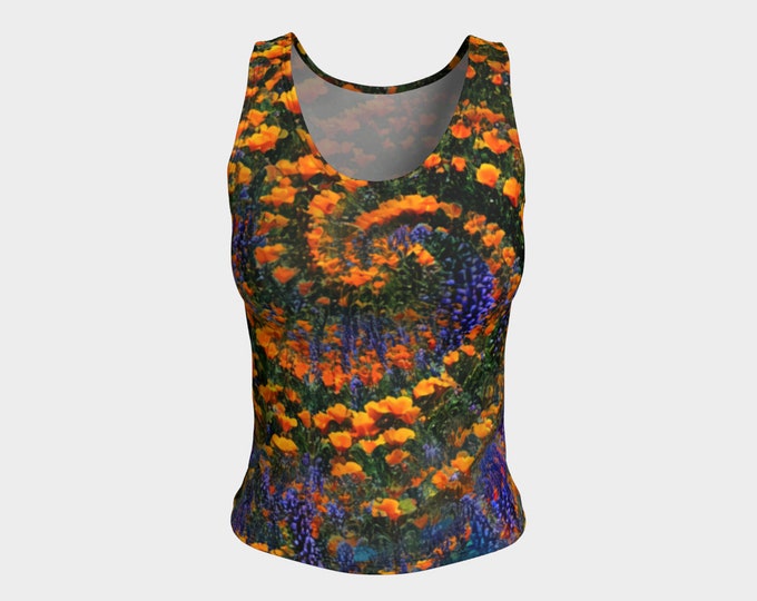 California Poppy & Lupin, Night Blooming Garden, Tank Top, Poppies, Flowers, Flower Top, Orange, Purple,Long Tank Top,Original Art,Caballera