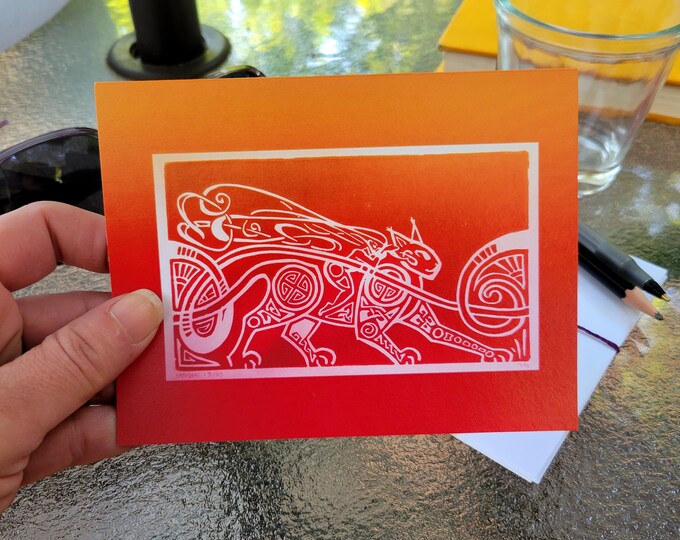 Cat Lady Godiva, Sunset, Red & Orange, Note Cards, Goddess, Lady Godiva, Woman, Girl Power, Greeting, Stationery, Laura Cesari, Original Art