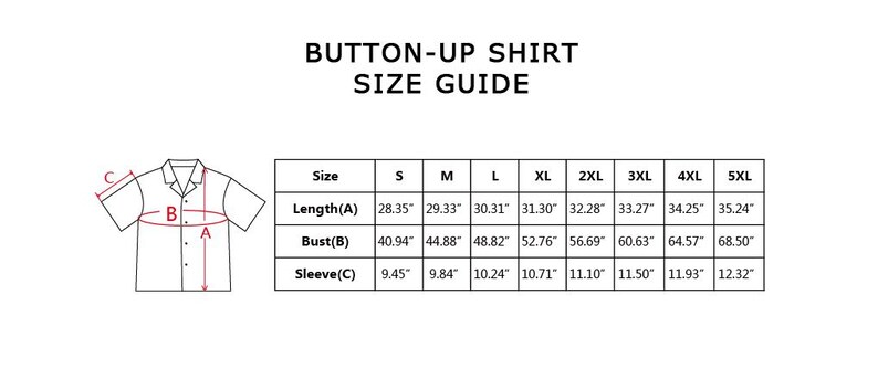 Puede incluir: Un gr&aacute;fico blanco que muestra una camisa con botones con medidas de largo, busto y manga. La gu&iacute;a de tallas incluye tallas de la S a la 5XL, con medidas en cent&iacute;metros.