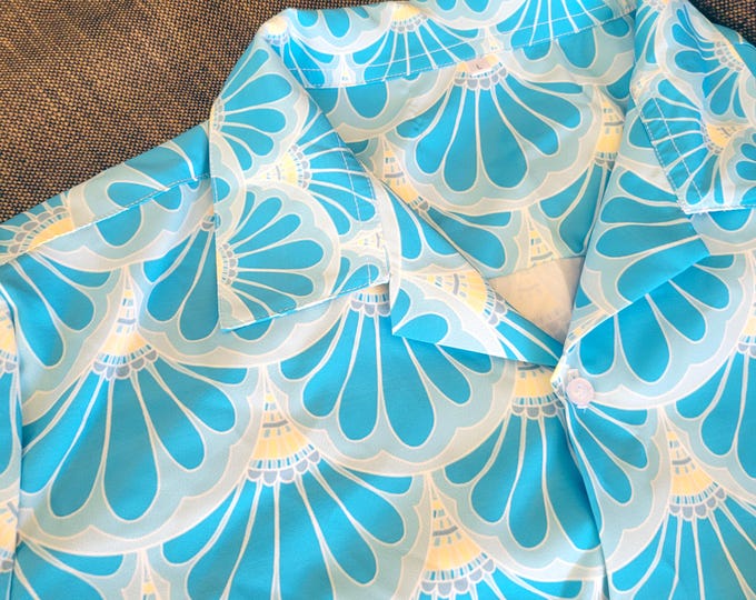 Skyblue Merman Shirt, Petal Maille, Hand Drawn Mermaid Paisley