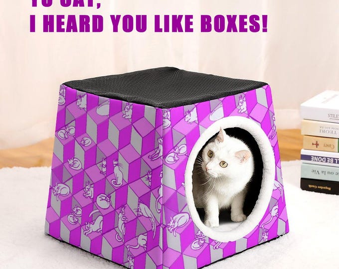 Cats in Boxes, Geometric Optical Illusion, Convertible Pet Bed Cube