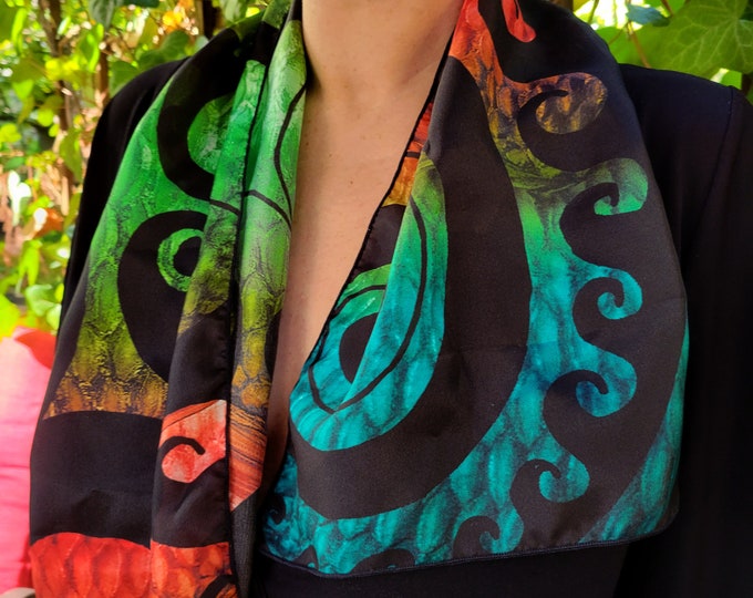 Celtic Fishscale Spiral Rainbow, Long Scarf, Silk Scarf, Chiffon, Crepe, Rainbow, Mermaid, Scale, Ombre, Swirl, Hand Drawn, Original Art