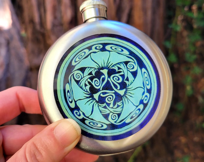 Flower Wheel, Stainless Steel Flask, Green, Blue, Purple, From Hand Painted Mural