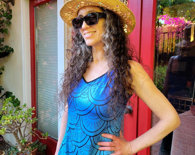 Original Mermaid Scales Jumpsuit, Aqua, Ombre, Pockets, Adjustable Straps, Summer, Onesie, One Piece,Tank, Romper, Hand Drawn Art, Caballera