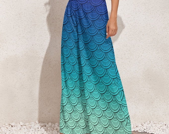 Extra Wide Leg Pants, Bluegreen, Ombre, Hand Drawn Mermaid Scales, Baggy Pants, Festival, Paisley, Hand Drawn Art, Laura Cesari, Caballera