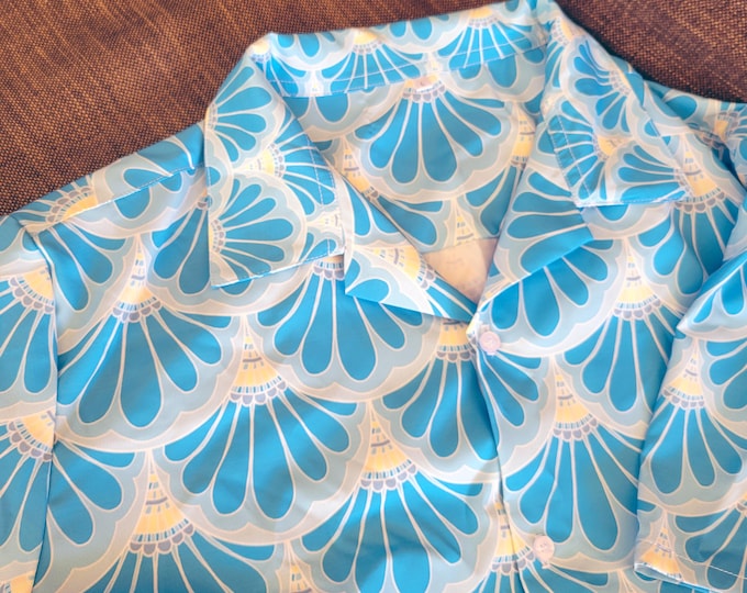 Skyblue Merman Shirt, Petal Maille, Hand Drawn Mermaid Paisley