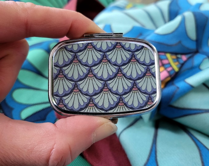 Mermaid Scale Medicine Box, Green & Blue Sea Tones, Hand Drawn Petal Maille Pattern