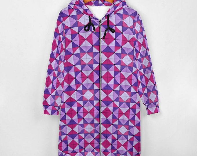 Hoodie Dress, Building Bricks, Pink & Purple Triangles, Sweatshirt Dress with Zipper and Pocket, Original Argyle Fabric Design by Caballera