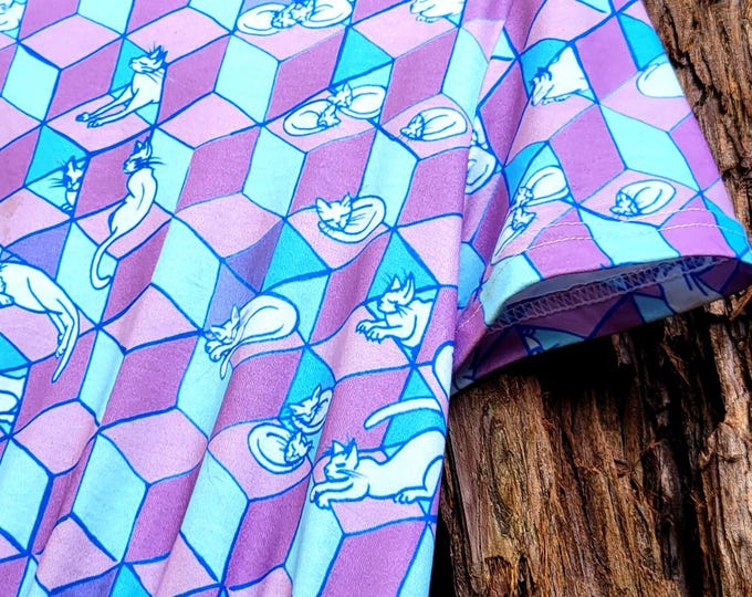Cats in Boxes, Geometric Optical Illusion, Vapor Pink & Blue, Gathered Tee Shirt Dress, with Pockets