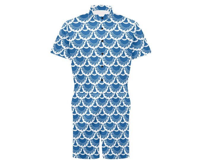 Hand Drawn Fish Scales, Jumpsuit, Blue,White, Swirly, Merman, Shorty Jumpsuit, Button-Up, Onesie, Unisex, Mens, Nautical, Original Art,Ocean
