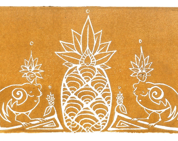 Sirens & Pineapple - Handmade Block Print - Gold Metallic Ink - Magical Creatures - Unframed