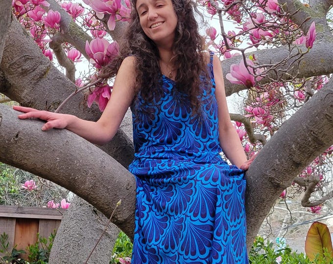 Original Mermaid Paisley, Long, Strappy, Tank, Dress, Scallop Maille, Mermaid Pattern, Blue, Summer Dress, Sundress, Hand Drawn, Caballera